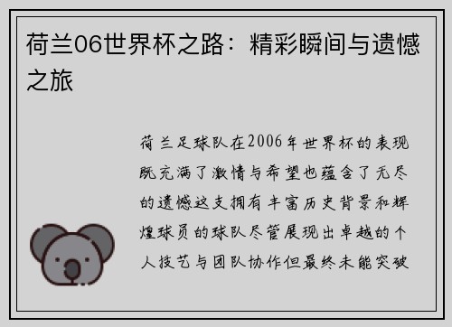荷兰06世界杯之路:精彩瞬间与遗憾之旅 荷兰06世界杯之路:精彩瞬间与遗憾之旅